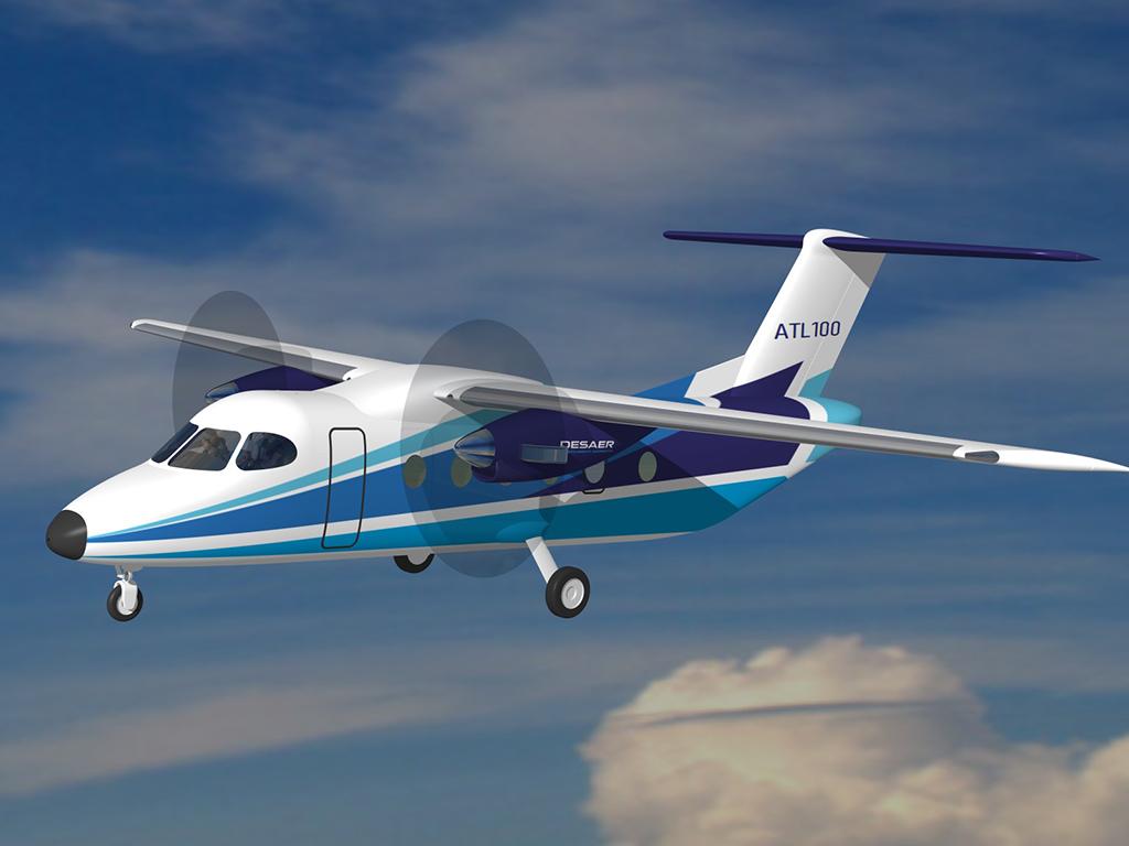 high-wing, fixed-gear ATL-100 twin-turboprop aircraft prototype