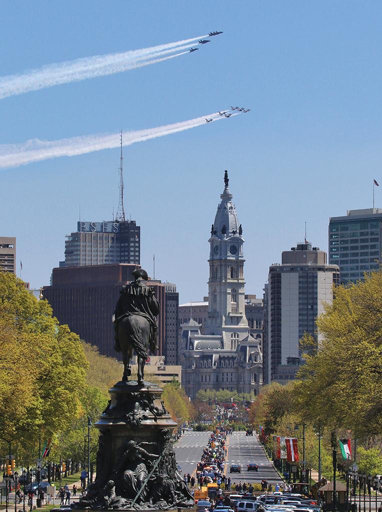 Blue Angels and Thunderbirds flying over Philadelphia