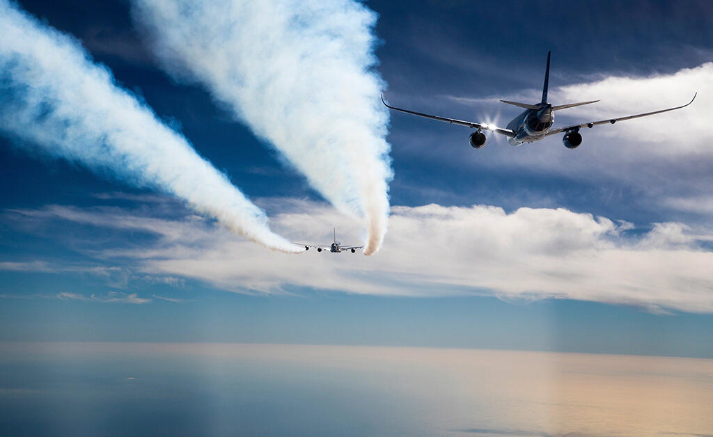 Airbus A350 executing wake surfing exercise