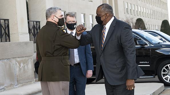 Chairman of the Joint Chiefs of Staff Gen. Mark A. Milley, Deputy Defense Secretary David L. Norquist and Defense Secretary Lloyd J. Austin III