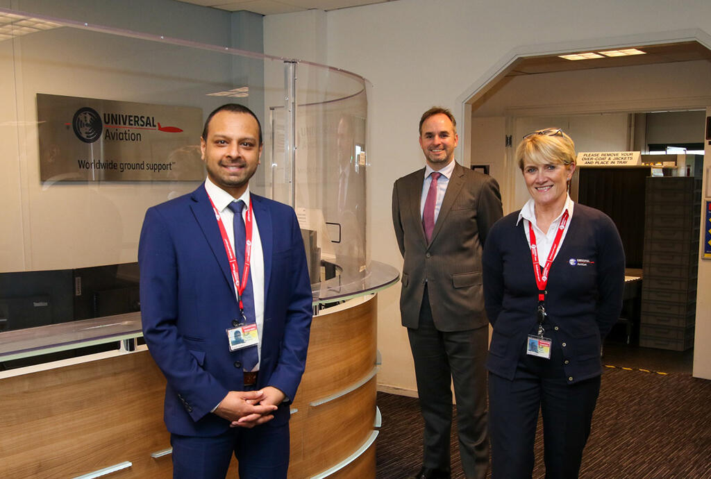 Universal Aviation, General Manager Rue Ahmed, left, with team members at London’s Northolt Airport