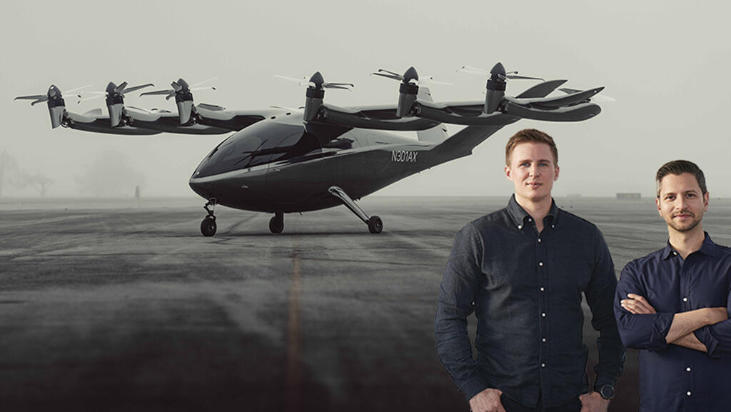 Archer’s co-CEO Brett Adcock (left) and Adam Goldstein with the company's Maker demonstrator air taxi