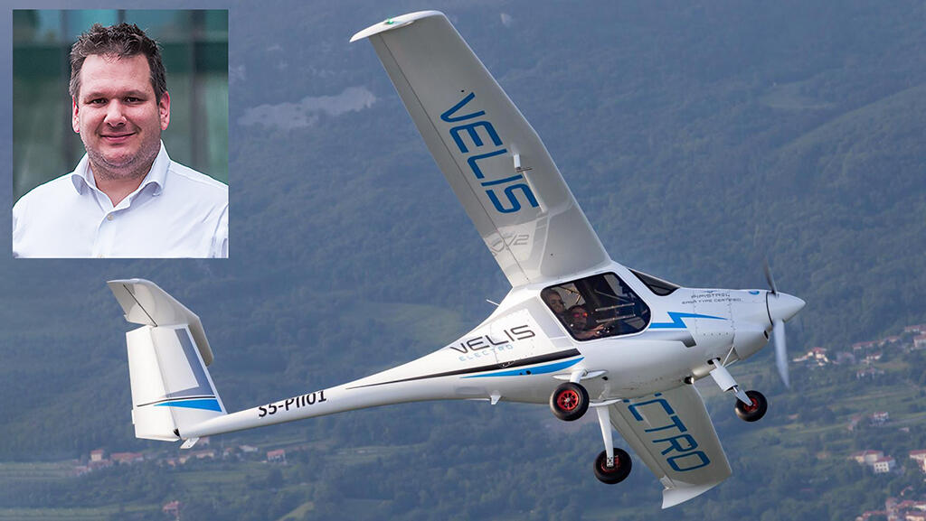 Pipistrel Chief Technology Officer Tine Tomazic and Velis Electro trainer aircraft