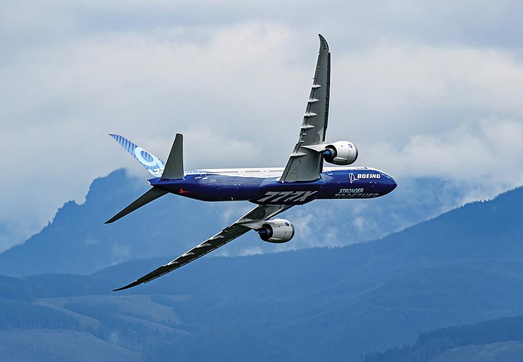Boeing 777X N779XW performing a low-pass maneuver