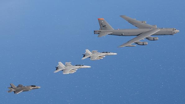 Exercise Talisman Sabre 2021 showing Royal Australian Air Force EA-18G Growler, F/A-18F Super Hornet, F-35A and U.S. Air Force B-52