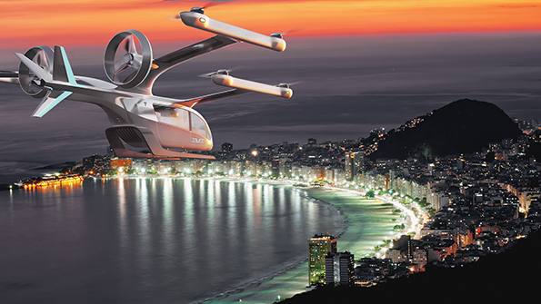 Eve aircraft above city 