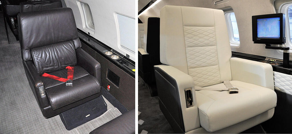 Challenger 850 seats showing before and after refurbishing
