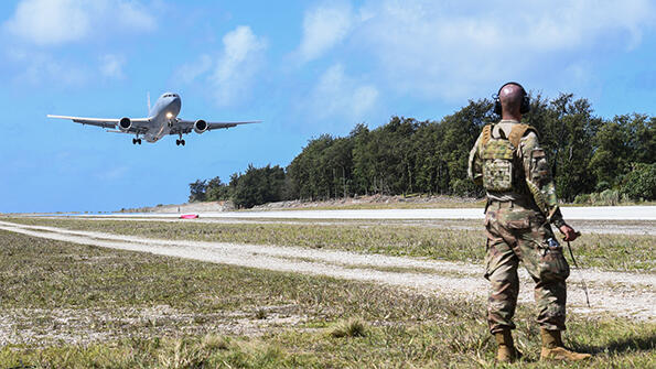 KC-46 taking off from a Guam airfield