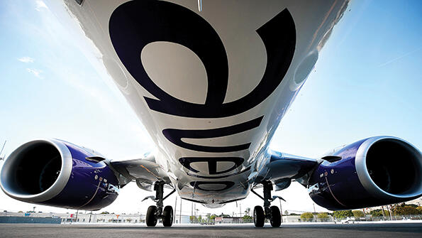 Avelo Airlines aircraft viewed from below 