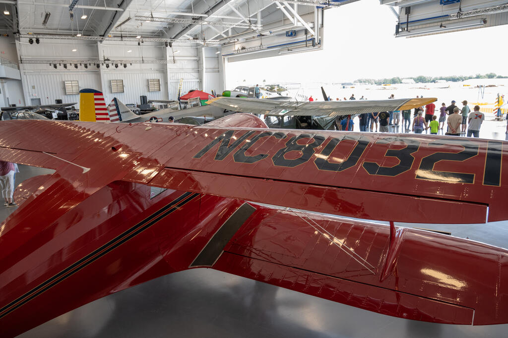 Beech Staggerwing on display in hangar for Warbird Weekend