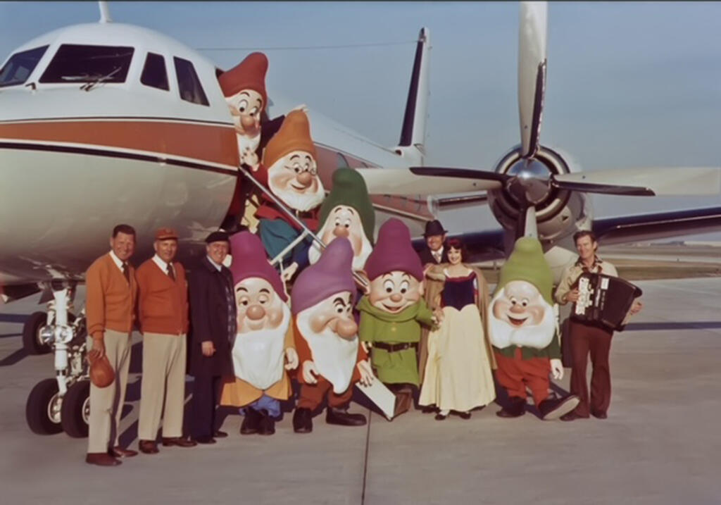 Kelvin Bailey and Chuck Malone with Walt Disney Productions Gulfstream and Disneyland Snow White tour group