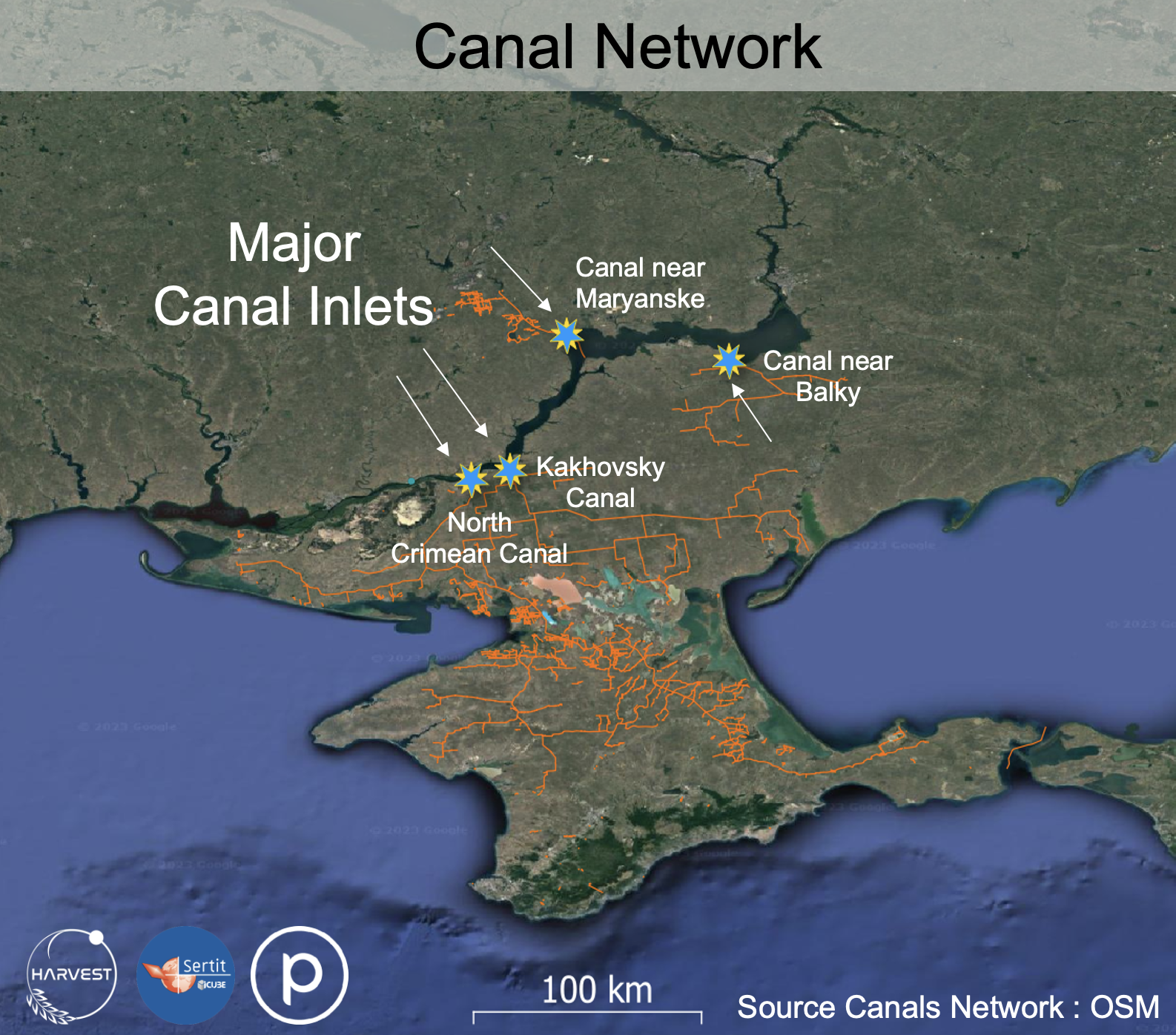 satellite image showing four primary canal inlets for farm irrigation