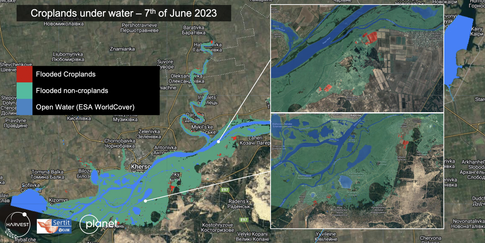 satellite image showing the distribution of the types of flooded land in the impacted area as of June 7