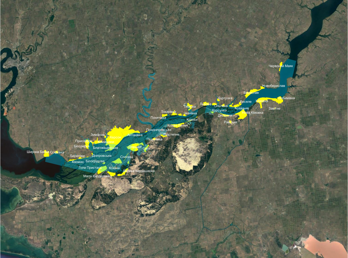 satellite image highlighting areas surrounding the Kakhovka Dam that were submerged as of June 7