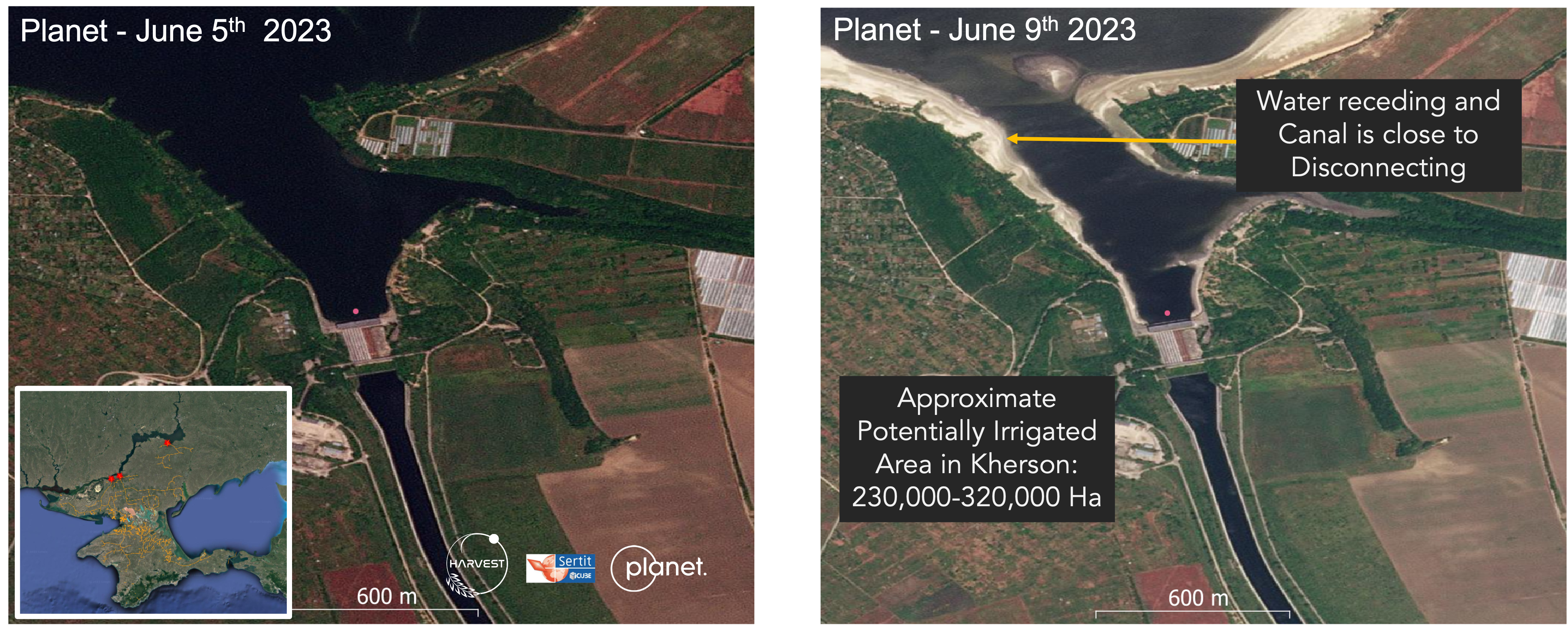 satellite images showing the Kakhovsky Canal before the dam collapse (left) and after (right)