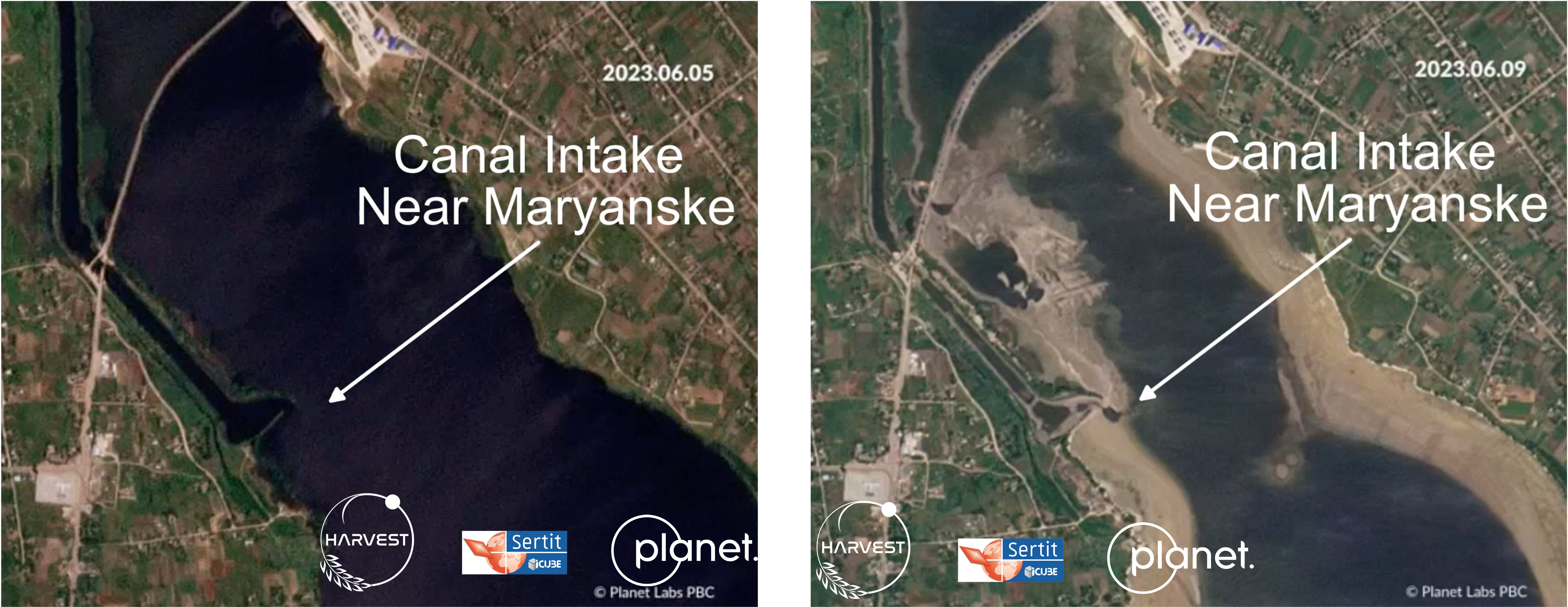 satellite image showing water levels receded to the canal inlet near Balky
