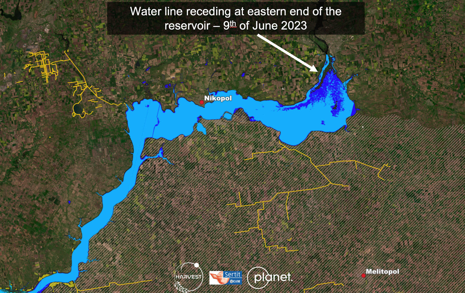 satellite images captured the waterline receding from the far northeast regions of the reservoir on June 9