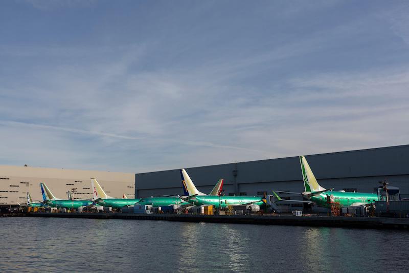 Undelivered 737 MAX airplanes are stored along Lake Washington at the Boeing Renton Factory