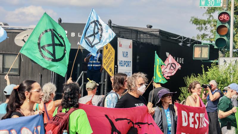 Activists blocked the entrance to the West 30th Street Heliport in New York City in September