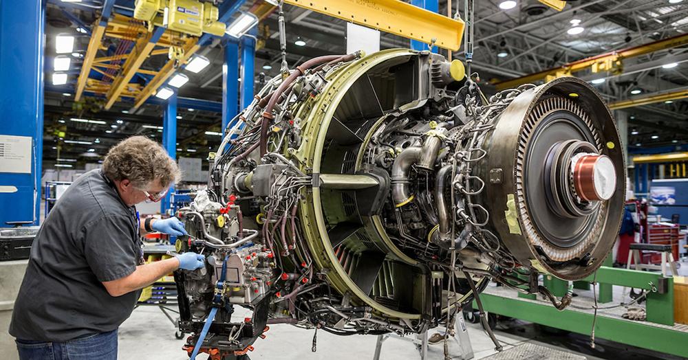 American Airlines technician working on engine