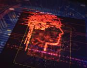 Stylized, circuit board-like profile of human head